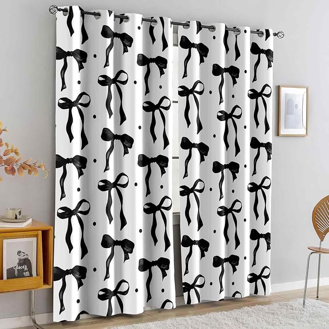 LUVIVIHOME Black and White Bow Curtains, Cute Black Bow Blackout Curtains for Girls Bedroom Living Room, Modern Aesthetic Bowknot Girly Room Decor, Grommet Window Drapes 2 Panel Sets, 42x84 Inch