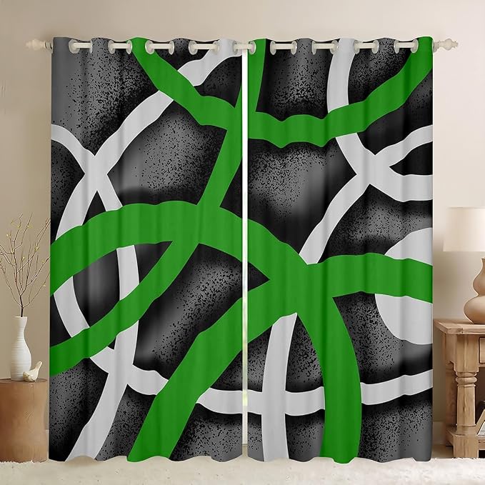 jejeloiu Green Black Curtains for Bedroom Living Room Kids (2 Panels, 42 x 84 Inch) Geometric Strip Lines Blackout Curtainsative Abstract Art Darkening Drapes Luxury Theme Window Treatments