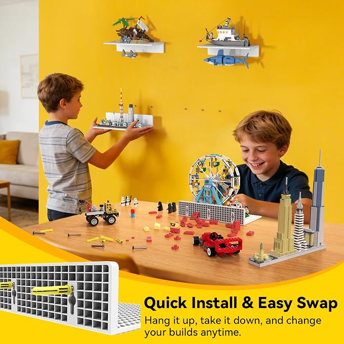 BlissBox 4-Pack Large Display Shelves for Wall Compatible with Lego Building Bricks, 11.3x6.3inch Dual-Sided 36x20 Studs for Brick Display and Storage, for Medium & Large Brick Builds, White