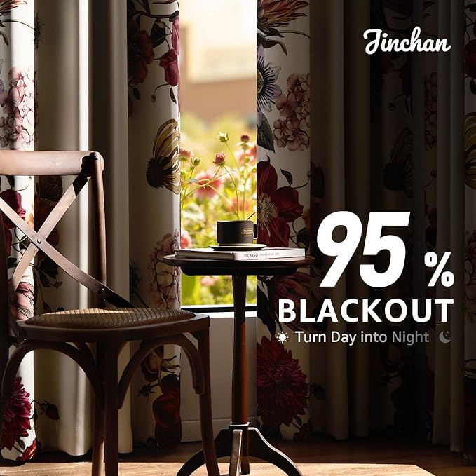 jinchan Hannah Floral Blackout Curtains with Retro Vintage Beige Boho Flower Print Drapes for Bedroom Living Room Fall Decor Window Curtains Room Darkening 96 Inches Length 2 Panels Set with Grommet