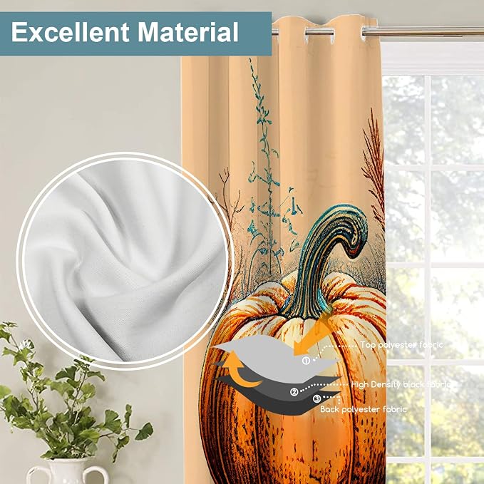 Shrahala Autumn Pumpkin Harvest Blackout Window Curtains, Abstract Art Hand Painting Flowers Grass Thermal Insulated Curtains Grommet Top Window Drapes for Living Room, Bedroom (2 Panels, 52 x 84 in)