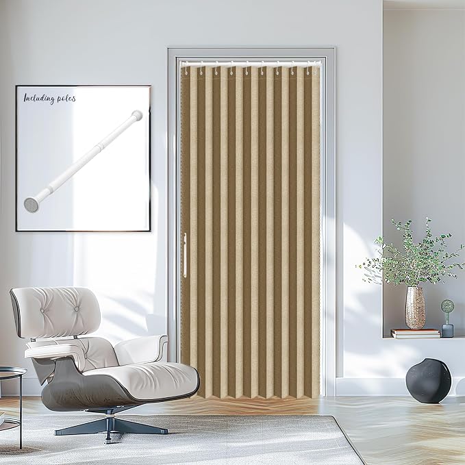 AJAZZ Set: Curtain Rods No Drilling (28-39" W Adjustable Range) & Accordion Door Curtain, Brown 42W×78" L, Accordion Doors for Closet Doorway Room Divider