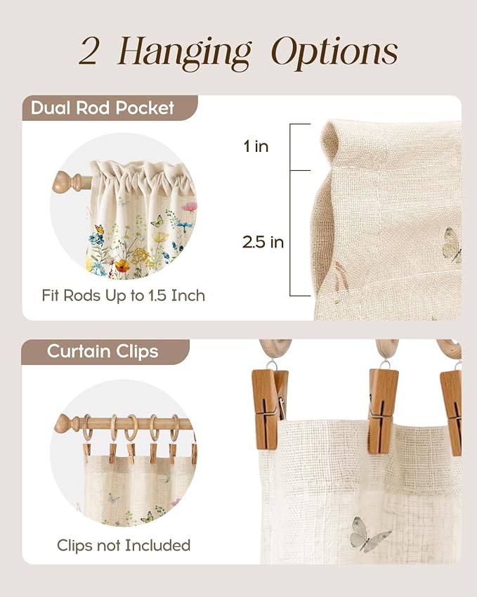Miss Adola Valance Curtain for Windows - 16 Inch Linen Blend Farmhouse Floral Valance for Kitchen Living Room Bedroom Bathroom Vintage Country Short Curtain with Rod Pocket, 1 Panel
