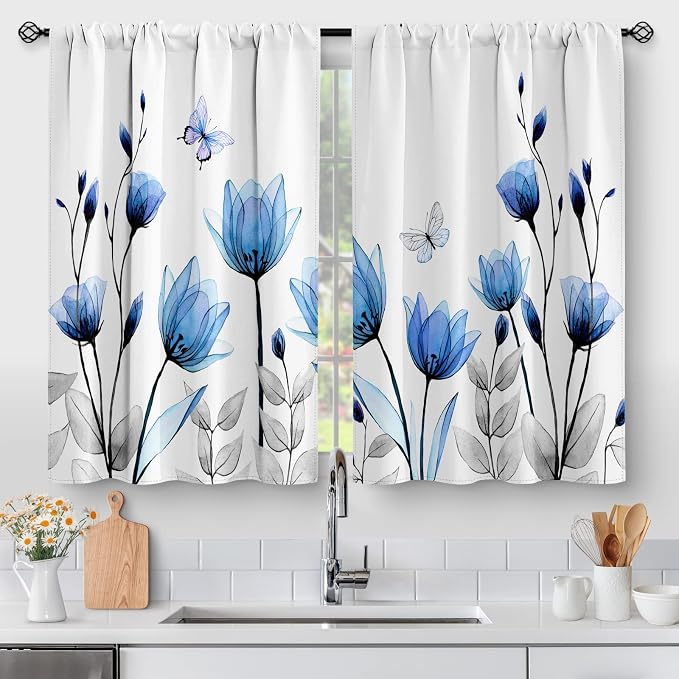 Aimego Floral Vintage Flower Kitchen Curtains - Rustic Blue Tulip Farmhouse Short Cafe Tier Curtains for Bathroom Woman Botanical Butterfly Rod Pocket Window Drapes 45 Inch Length 2 Panels Set