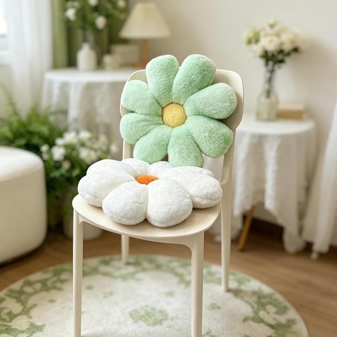 2pcs Flower Pillow, Green White Daisy Flower Throw Pillows Set, Cute Preppy Room Decor Aesthetic Decorative Throw Pillows Floor Cushions for Girls Bedroom Bed Sofa Chair Decor (Green & White)