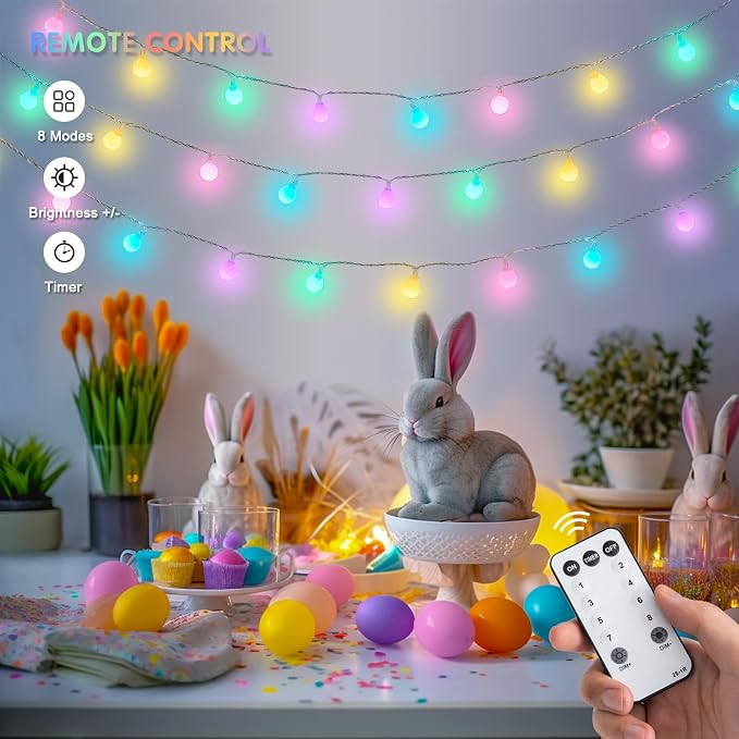 JMEXSUSS 33 ft 100 LED Connectable Globe Easter Lights String Indoor | 8 Modes String Lights Plug in with Remote, Timer Pastel Christmas Light Outdoor for Bedroom Tree Room Party Easter Decoration