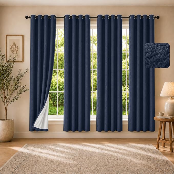 4 Panels 100% Blackout Linen-Textured Curtains, Thick Thermal Insulated Grommet Drapes with Subtle Herringbone Weave, Luxury Decor for Bedroom/Living Room, 54 x 72 Inches, Navy