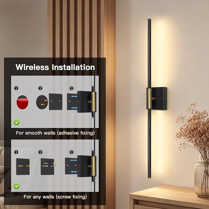 Battery Operated Wall Sconces Set of Two 360° Rotate Wireless Rechargeable Light Dimmable with Remote - Black Gold Modern Sconces Cordless Magnetic Wall Decor for Home Bedroom Timer 31.5 in