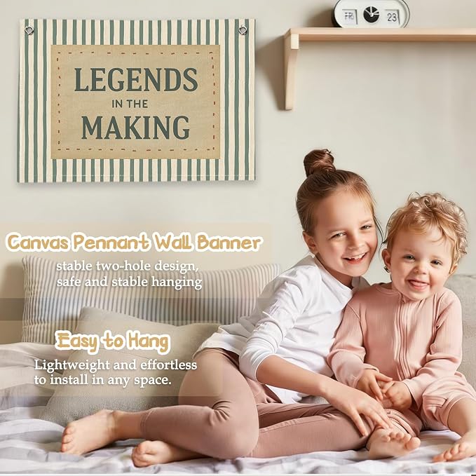 RTXLEZM Boys Room Decor, Legends in the Making Inspirational Canvas Banner | Retro Green Striped Motivational Wall Hanging for Toddler Boys Nursery Bedroom Playroom Decor, 20x30 Inch
