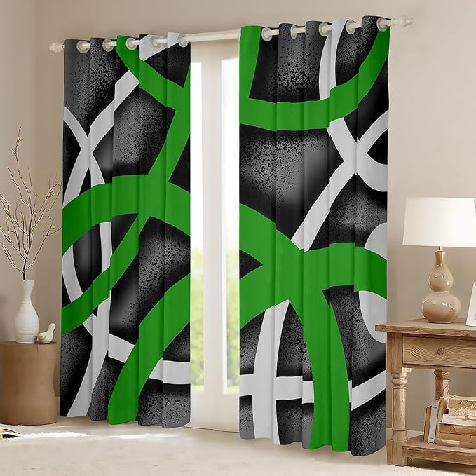 jejeloiu Green Black Curtains for Bedroom Living Room Kids (2 Panels, 42 x 63 Inch) Geometric Strip Lines Blackout Curtainsative Abstract Art Darkening Drapes Luxury Theme Window Treatments