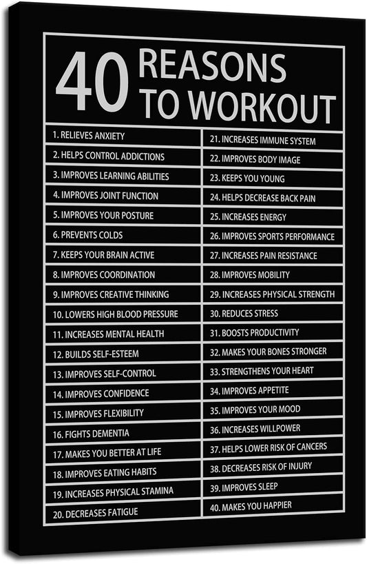 40 Reasons to Workout Motivational Posters Inspirational Wall Art Picture Printed Stretched and Framed for Office Wall Art Modern Home Decor Canvas Painting Artwork Ready to Hang [12''W x 18''H]