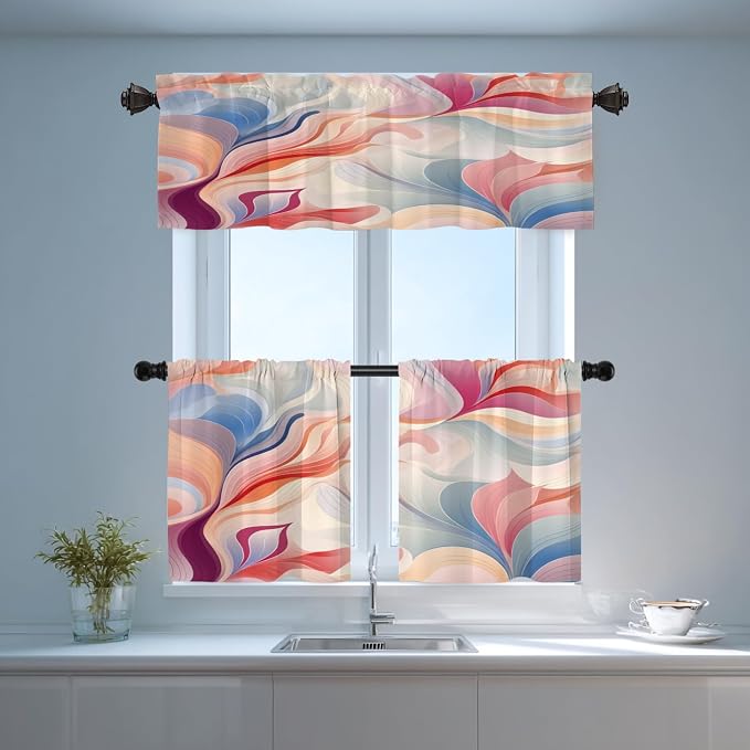 Shrahala Colorful Waves Blackout Short Curtains for Windows, Fluid Abstract Pattern Kitchen Valance Thermal Insulated Rod Pocket Window Treatment for Bathroom 52 X 18 in