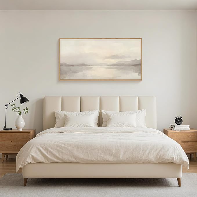 LHIUEM Large Abstract Neutral Beige Pastel Framed Canvas Wall Art,Modern Watercolor Lakes Wall Decor,Nature Mountain Minimalist Artwork for Living Room,Bedroom,Dining Room,Office -20"x40"x1
