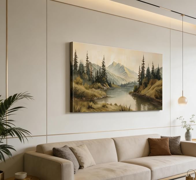 ZAWUDVC Large Neutral Mountain Lake Wall Art, Pine Forest Landscape Canvas Print Poster, Rustic Nature Green Botanical Wall Decor for Living Room Bedroom, Earth Tone Forest Wilderness Art,