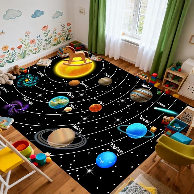 Space Rug for Boys Room - Outer Space Rug for Bedroom 6x8 Feet Solar System Planet Theme Carpet Decor for Kids Bedroom Playroom Classroom Decor