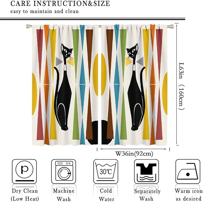 JESTRONRY Mid Century Style Curtains,Black Cat Modern Abstract Geometric Vintage Colorful Shape Pattern Theme Home Fabric Living Room Bedroom Kitchen Bathroom Decor 72x63in