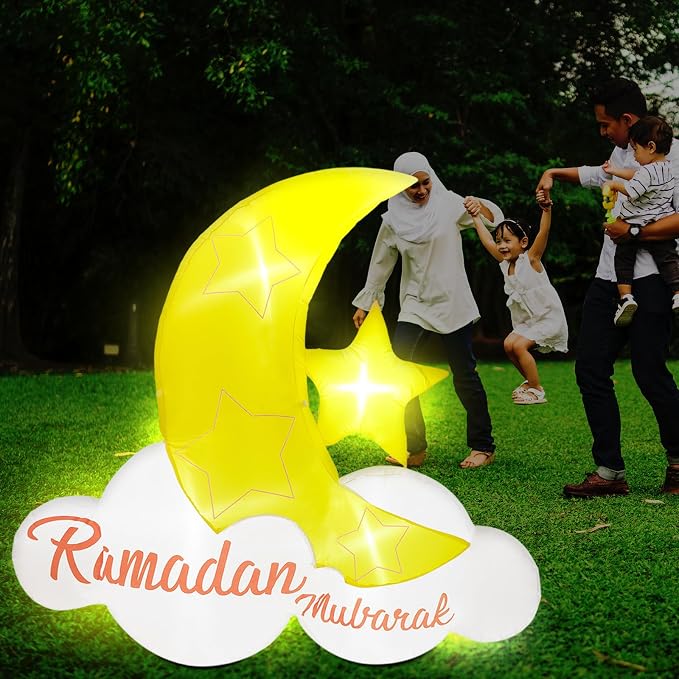 VIHOSE 5.5 ft Eid Al Adha Inflatable Ramadan Mubarak Blow Up Islamic Eid Decor Inflatable Muslim with LED Lights Celebrate Fasting Introspection and Prayer