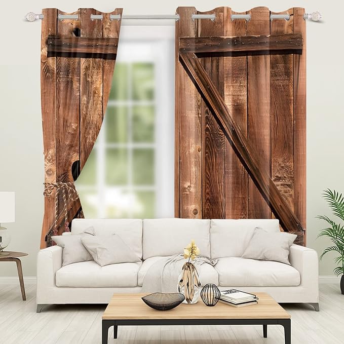 Old Tan Wooden Window Curtains American Rustic Garage Door Curtains Vintage Barn Door Drapes Wood Planks Rural Style Native Country Farmhouse Bedroom Window Treatment, 42x96 inch, 2 Panels