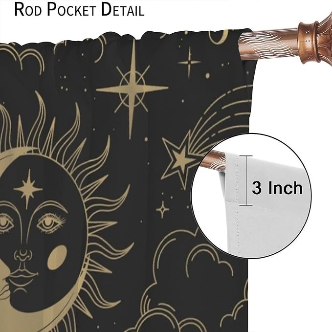 Sun Moon Blackout Curtains, Bohemian Art Theme Sky Sun Moon Gold Print Rod Pocket Window Treatment Drapes for Bedroom Living Room 55" W X 63" L