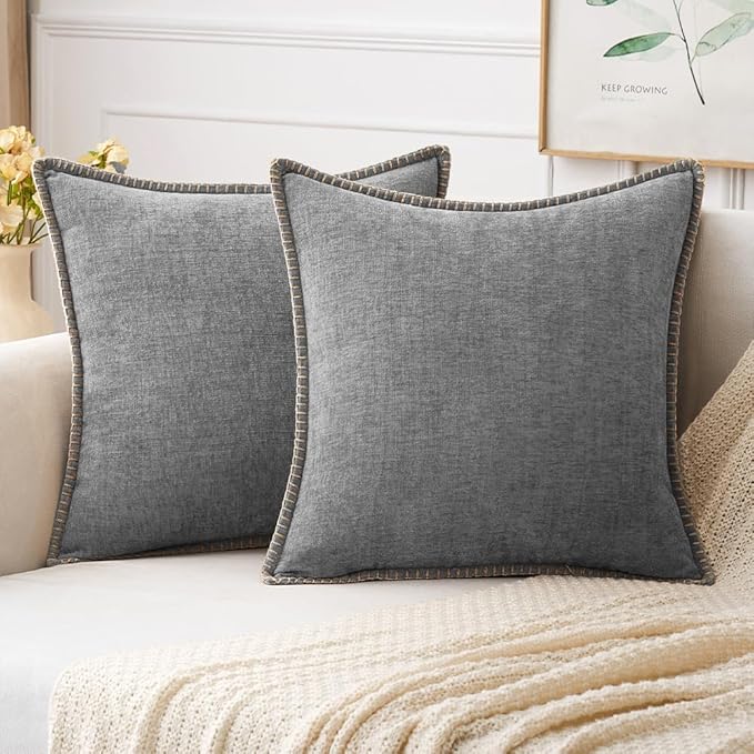MIULEE Pack of 2 Couch Throw Pillow Covers 20x20 Inch Dark Gray Farmhouse Decorative Pillow Covers with Stitched Edge Soft Chenille Solid Dyed Pillow Covers for Sofa Bed Living Room
