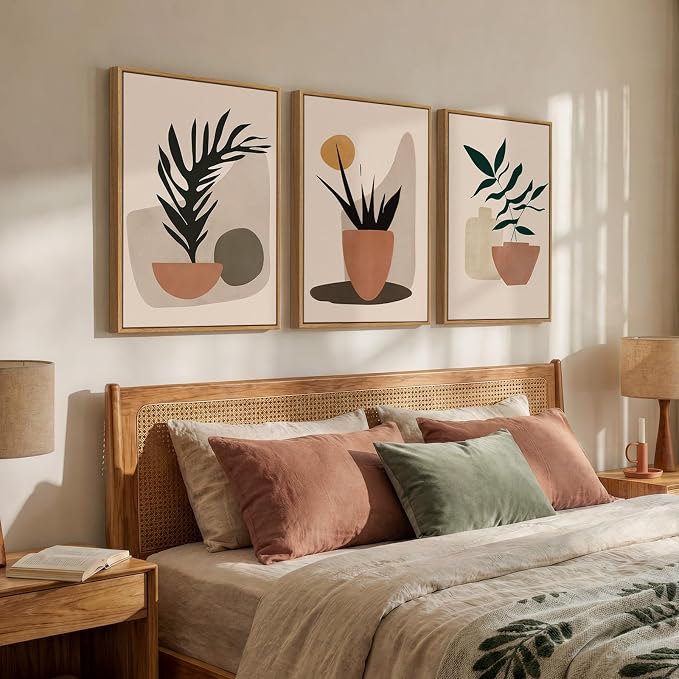 Framed Boho Botanical Canvas Wall Art Prints, Set of 3 Piece Bohemian Neutral Orange Paintings Artwork for Walls, Elegant Boho Plant Pictures for Living Room Dining Room Office Wall Decor, 16x24 Inch