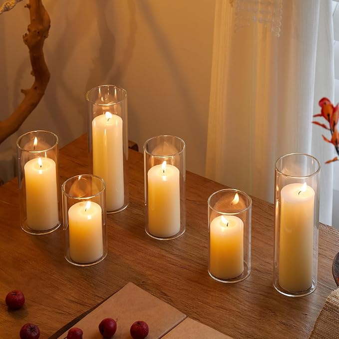 Set of 6 White Pillar Candles with Clear Glass Hurricane Holders- Elegant Cylinder Candle Vases for Weddings, Parties, Centerpieces, Home & Office Decor (Lvory White, 6 Set)