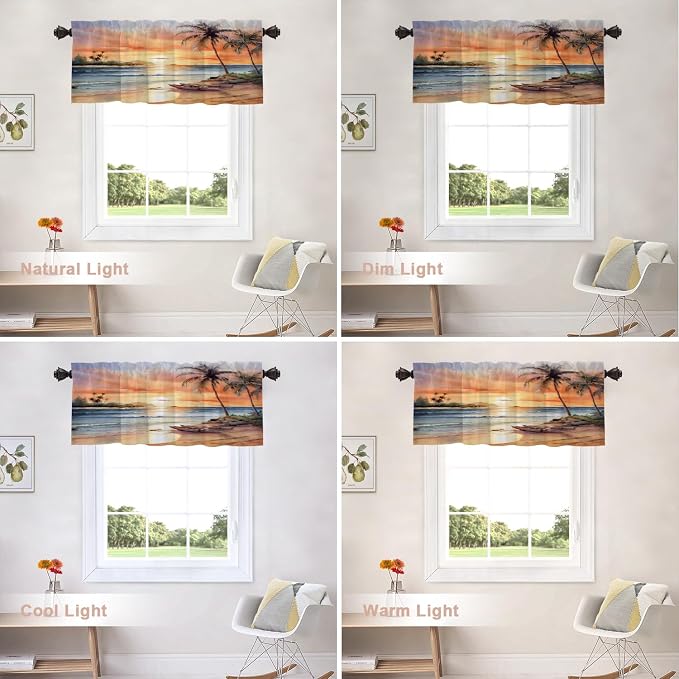 Shrahala Sunset Beach Blackout Short Curtains for Windows, Tropical Seaside Scene Kitchen Valance Thermal Insulated Rod Pocket Window Treatment for Bathroom 2 Pack 52 X 18 in