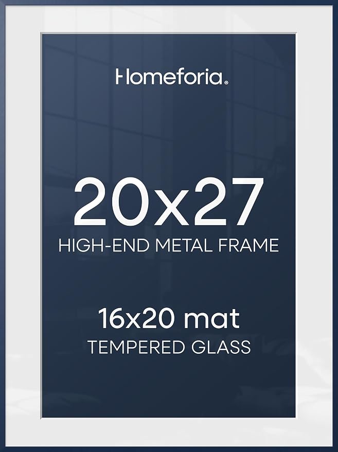 Homeforia 20x27 Picture Frame Navy Blue, High End Metal 20x27 Poster Frames with Mat 16x24 Photo, 20 x 27 Navy Blue Frame Matted to 16 by 24 Print, 27x20 Thin Frame, Tempered Glass, Wall Kit, Set of 1