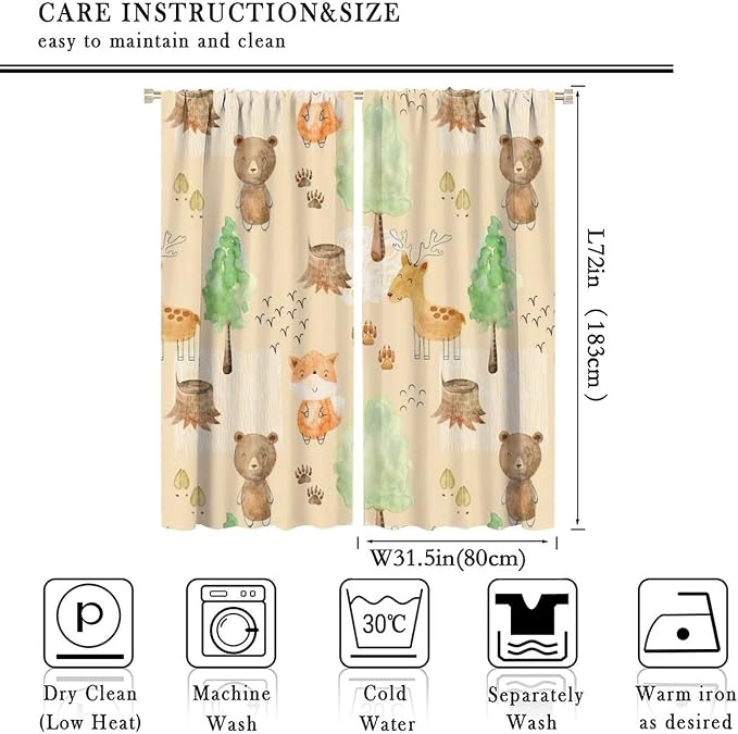 Rustic Animal Curtains, Wild Forest Animal Bear Fox Deer Kids Window Treatments for Living Room Bedroom, Farmhouse Woodland Blackout Drapes 2 Panel Sets, 63x72 Inch