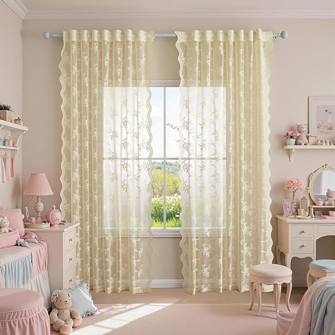 MEETSKY Vintage Lace Sheer Curtains 96 Inch Long 2 Panels Set for Dining Room French Victorian Spring Floral Pattern Design Light Filtering Rod Pocket Drapes, 50" W Each Panel, Light Yellow