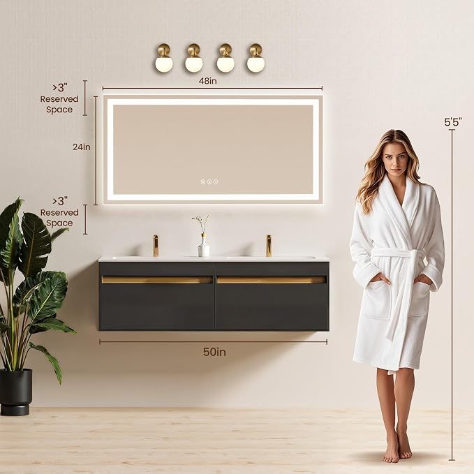 48X24 LED Bathroom Mirror with Lights, Anti-Fog, Backlit + Front Lit (CRI>90), Lighted Bathroom Vanity Mirror for Wall, Memory Function, Dimmable, Tempered Glass, Shatter-Proof