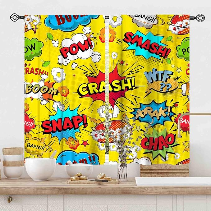 Super Hero Curtains for Boys Room, Retro Comic Pattern Colorful Superhero Cool Yellow Blackout Window Drapes Treatments for Kids Teens Baby Nusery Bedroom Living Room Decor 2 Panel Sets, 42"x63" Inch