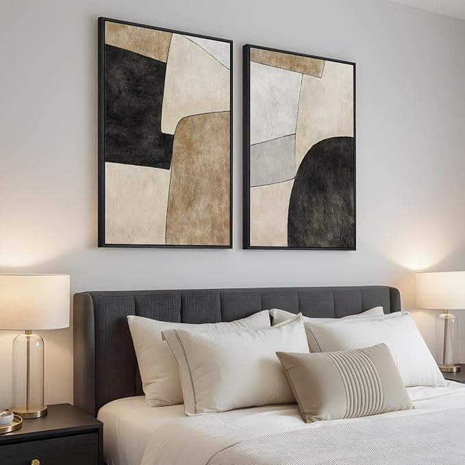 Framed Beige Black Abstract Wall Art for Living Room, Set of 2 Minimalist Geometric Neutral Artwork for Walls, Large Contemporary Painting Print for Bedroom Hallway Home Office Wall Decor, 24x36 Inch