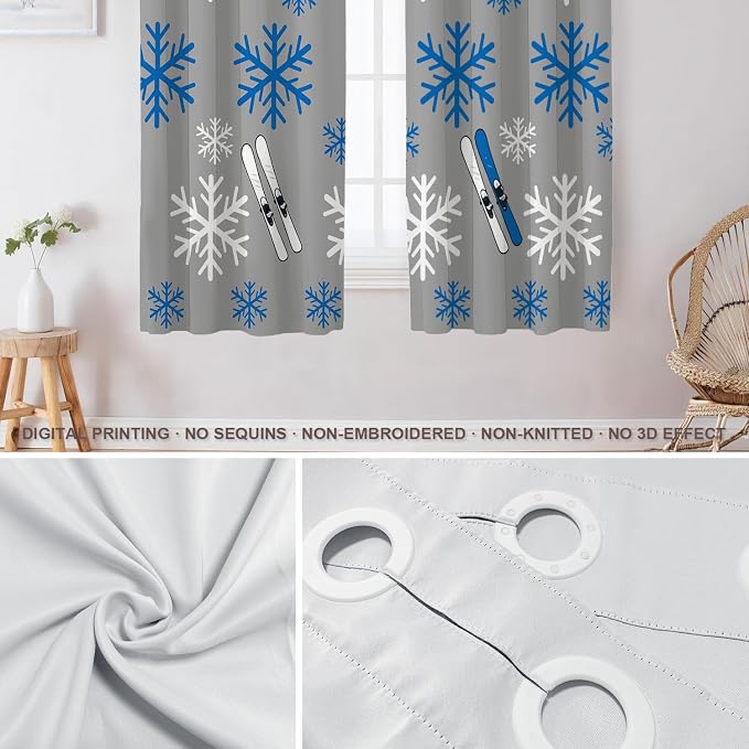 Shrahala Snowflakes Skis Blackout Window Curtains, Winter Sports Themed Pattern Thermal Insulated Curtains Grommet Long Drapes for Bedroom,Living Room (2 Panels, 52 X 63 in)