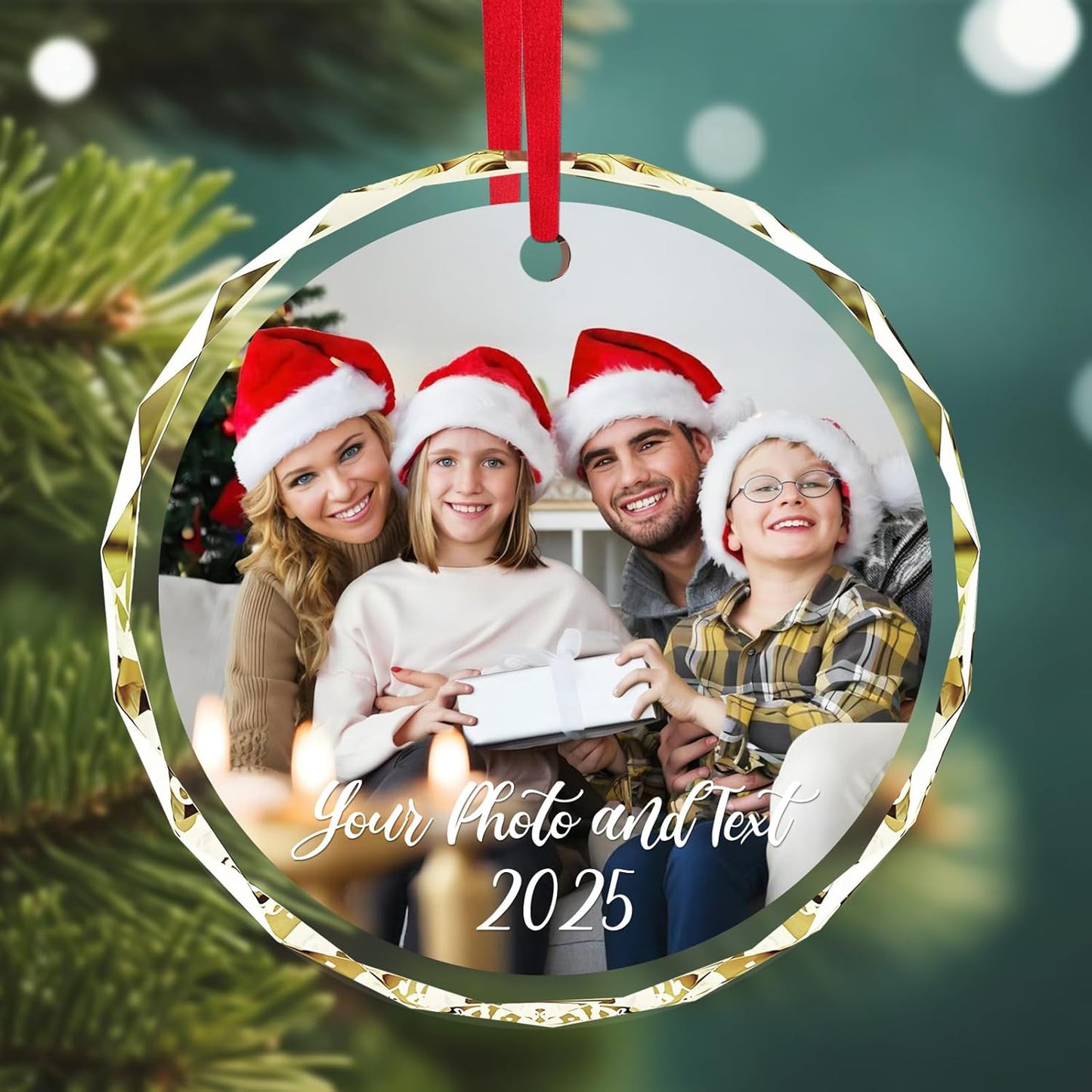 Personalized Christmas Ornaments 2025 with Photo & Text - Customized Crystal Glass Christmas Tree Decor Gifts for Family, Couples, Pets, Baby’s First Xmas – 6 Heart/Round Designs