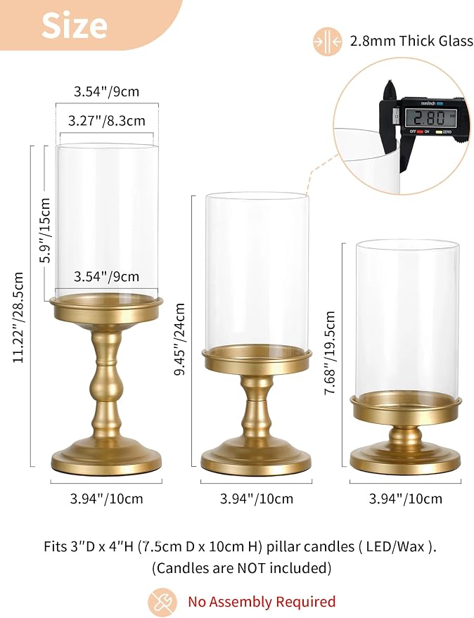 NUPTIO Hurricane Glass Candle Holders: Gold Pillar Candle Stand with Open Ended Chimney - Set of 3 Metal Candleholder for Fireplace Dining Table Centerpiece