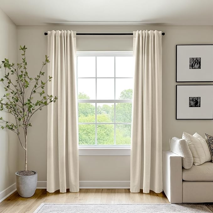 100% Blackout Shield Full Blackout Curtains for Bedroom 72 inch Length 2 Panels Set, Clip Rings/Rod Pocket Faux Linen Black Out Curtains for Living Room, Thermal Insulated, 50Wx72L, Cream