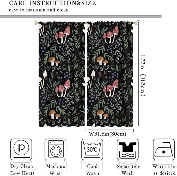 Mushroom Curtains, Cartoon Green Leaves Mushroom Wildflower Plant Botanical Boho Herb Nature Garden Print Blackout Window Drapes for Living Room Kids Bedroom 63x72in