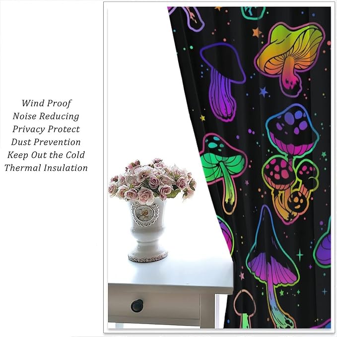 Mushroom Curtains Colorful Cartoon Plant Print Window Treatments for Bedroom Living Room Kitchen Fantasy Psychedelic Mushroom Window Drapes 2 Panels Set,Total Size 63 x 72 Inch