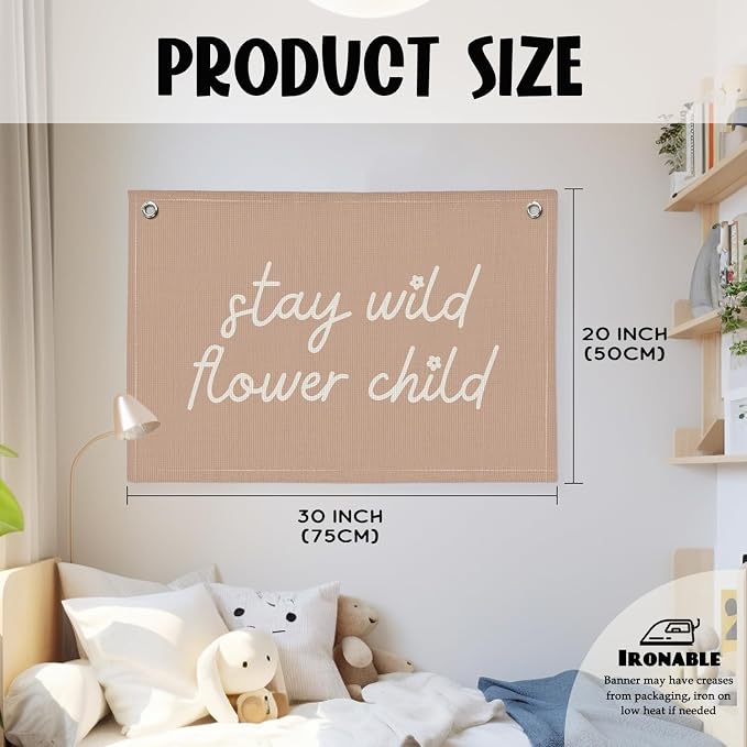 Pink Girls Room Nursery Decor, Stay Wild Flower Child Linen Canvas Banner Wall Hanging Flag Decor for Little Toddler Baby Girls Room Playroom, Baby Shower Girl Decorations