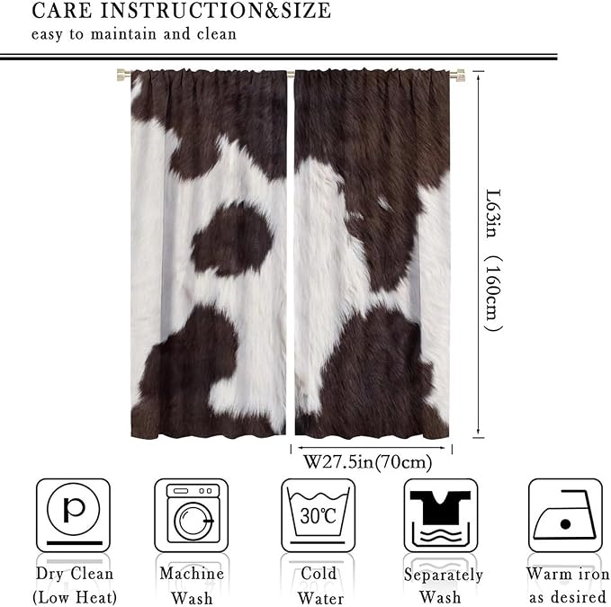 Cow Print Blackout Curtain,Retro Animals Fur Skin Cowhide Farm Style Window Treatments Rod Pocket Curtain for Bedroom Living Room Kitchen Decor Drapes 55x63in