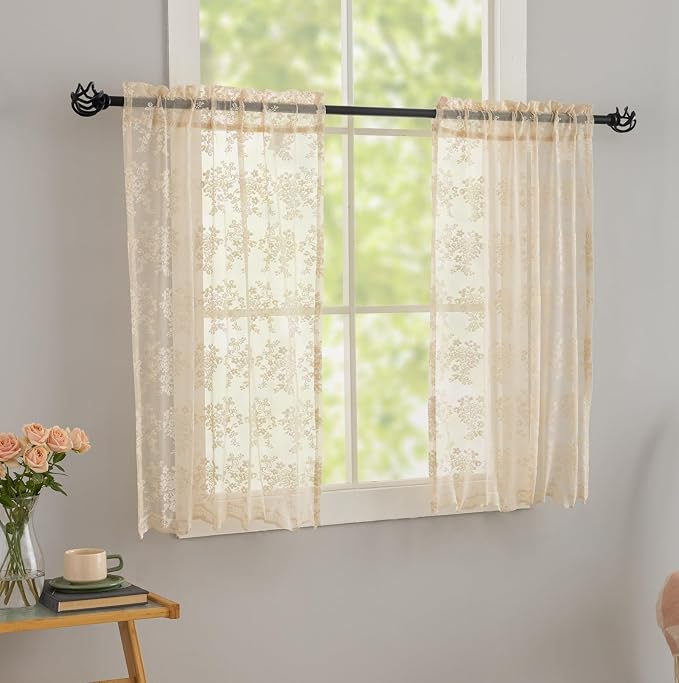 YJ YANJUN Vintage Lace Curtains 24 inch Length 2 Panles Short Sheer Cafe Curtains for Windows, Light Filtering, Half Window Curtain for Laundry Room Basement Bathroom KIitchen Cabinets 26 x24 Inches