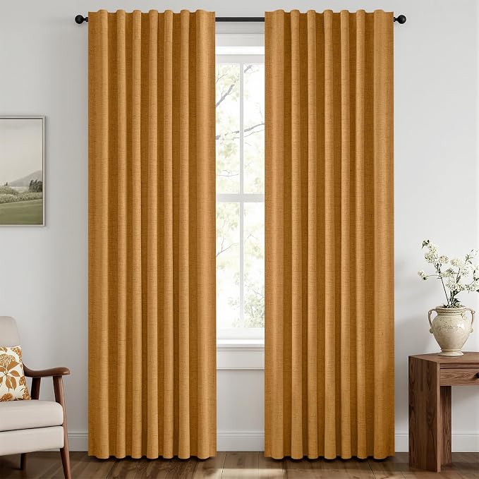 MIULEE 100% Blackout Linen Curtains for Bedroom, Mustard Yellow Solid Luxury Decor Thermal Insulation Room Darkening Drapes for Living Room Back Tab Rod Pocket 42 x 63 Inches, 2 Panels