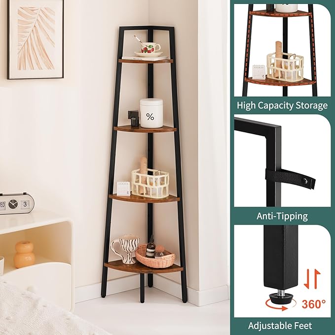 Yoobure 4‑Tier Corner Shelf – Sturdy Metal Frame & Wood Ladder Bookshelf, Space‑Saving Display Shelves for Plants & Books, Easy Assembly, for Bedroom, Living Room, Office, Balcony