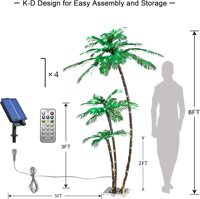 LIGHTSHARE Lighted 6FT Gorgeous Palm Tree 3Trunks Artificial Palm Tree 203LED Lights for Decoration Outdoor and Indoors Tiki Bar Christmas Patio Pool-Solar