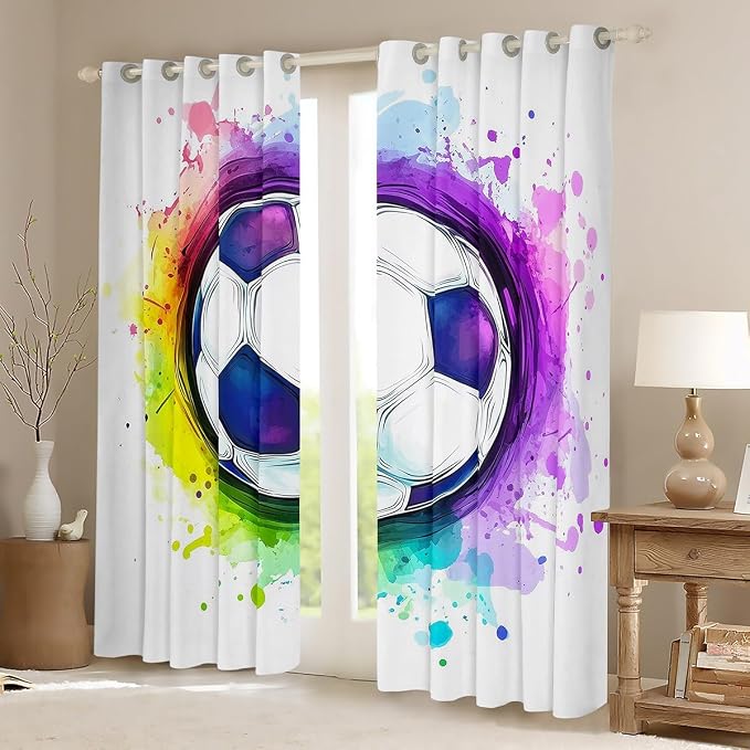 Erosebridal Teens Soccer Window Drapes, Football Print Curtains for Kids Boys Girls Sports Games Theme Window Curtain Panels Tie-Dye Watercolor Window Treatment Set for Living Room 84"X90"
