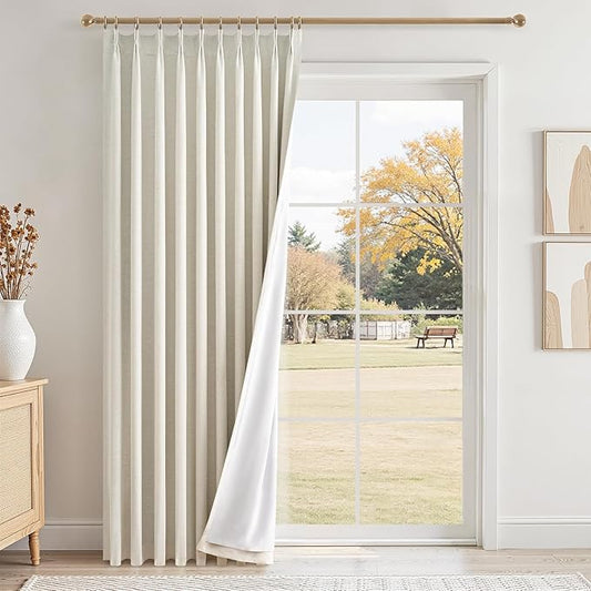 105 inch Long Natural Pinch Pleated 100% Blackout Curtains,Luxury Linen Curtains with Hooks for Patio Large Window Living Room Track System for Bedroomm,Thermal Insulated Drapes 1 Panel 60"Wx105"L