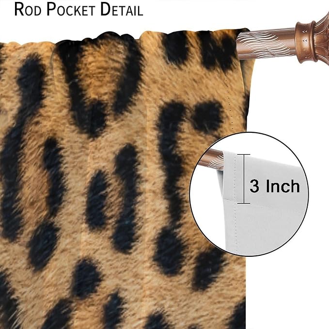 Leopard Print Blackout Curtains, Retro Wild Animal Skin Black Brown Fur Leopard Print Rod Pocket Curtain Window Treatments 2 Panels Drapes for Nursery Living Room Bedroom Office Decor 42"W X 63"L