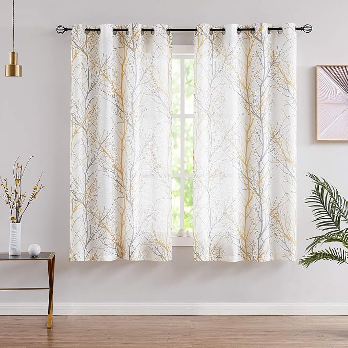 FMFUNCTEX Linen Semi Sheer Curtains for Bedroom, Yellow White Curtains 45 Inches Long for Living Room, Grey Tree Branch Print Curtain Light Filtering Kitchen Window Drapes, Grommet Top 2 Panels