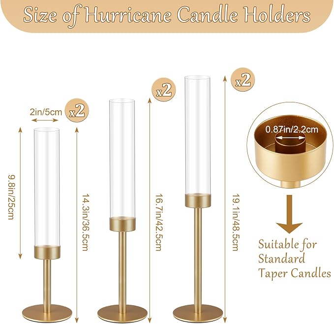 6Pcs Hurricane Glass Candle Holders Gold Candlestick Holders Taper Candle Holder with 9.8" Windproof Clear Cylinder Covers for Outdoor Indoor Tall Candle Stick Holder Decor for Wedding Party Fireplace